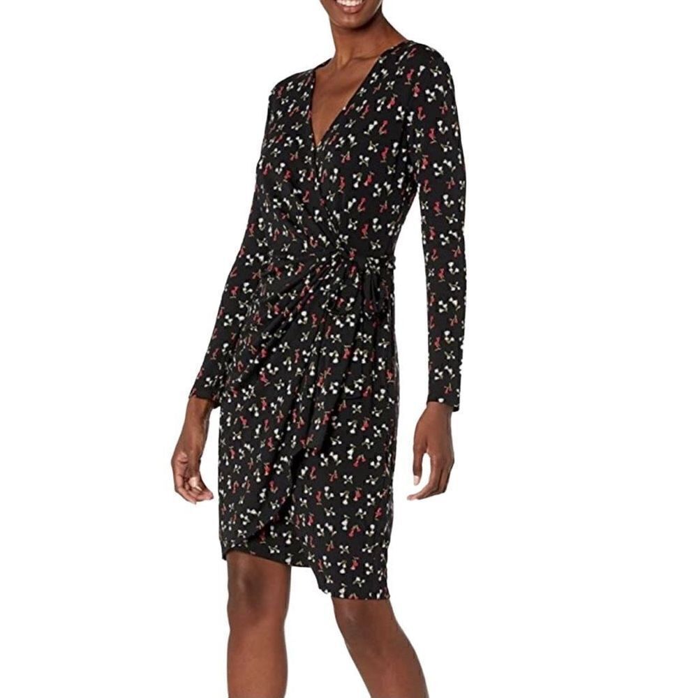 Lark & Ro Black floral long sleeve true wrap dress large dainty floral flowers m